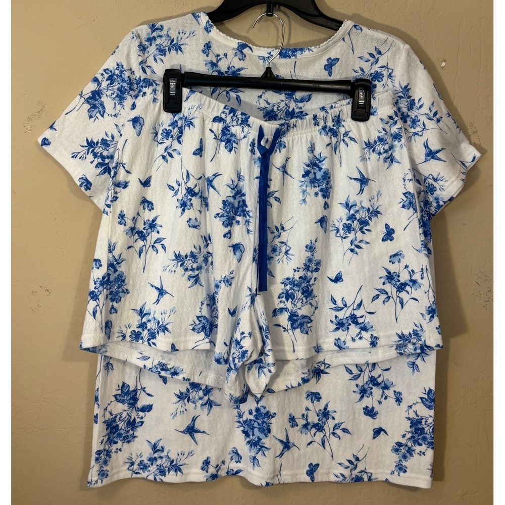 Croft & Barrow Pajama Set Women Medium Blue White Floral Hummingbirds 2pc NEW